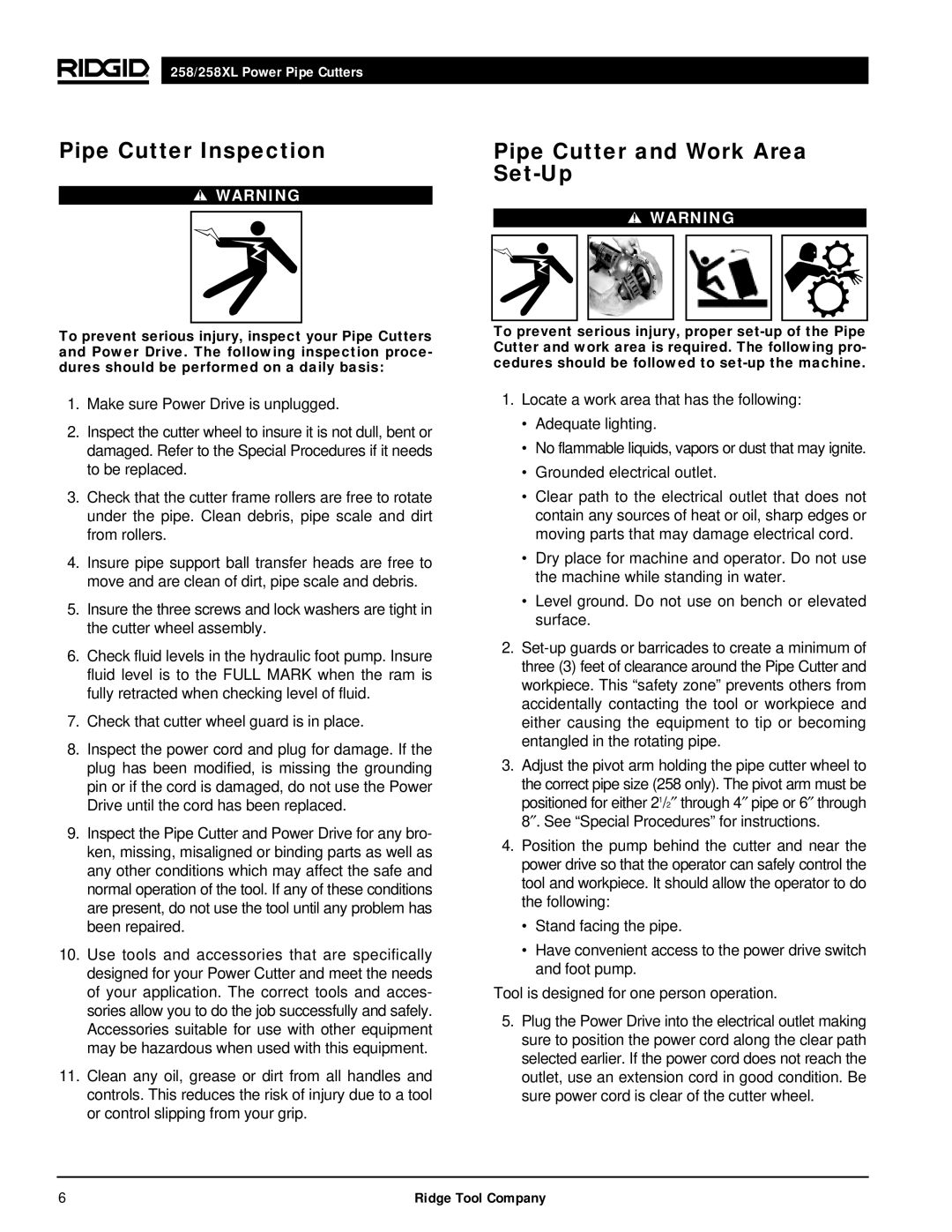 RIDGID 258XL manual Pipe Cutter Inspection Pipe Cutter and Work Area Set-Up 