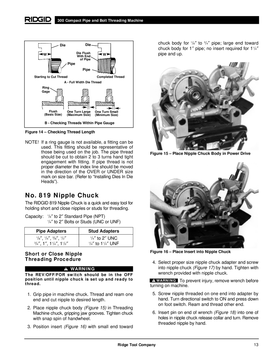 RIDGID 300 manual No Nipple Chuck, Short or Close Nipple Threading Procedure, Pipe Adapters Stud Adapters 