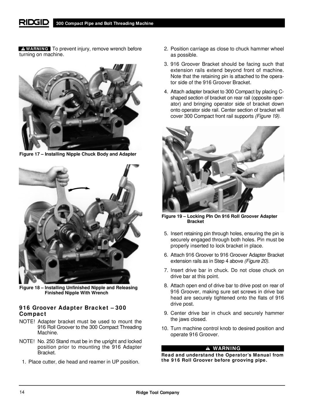 RIDGID manual Groover Adapter Bracket 300 Compact, Installing Nipple Chuck Body and Adapter 