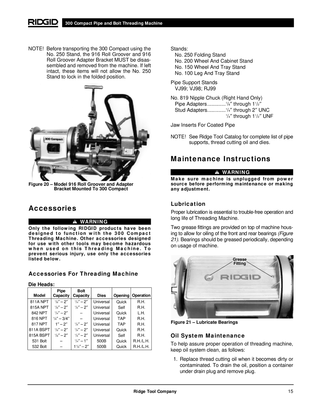 RIDGID 300 manual Maintenance Instructions, Accessories For Threading Machine, Lubrication, Oil System Maintenance 