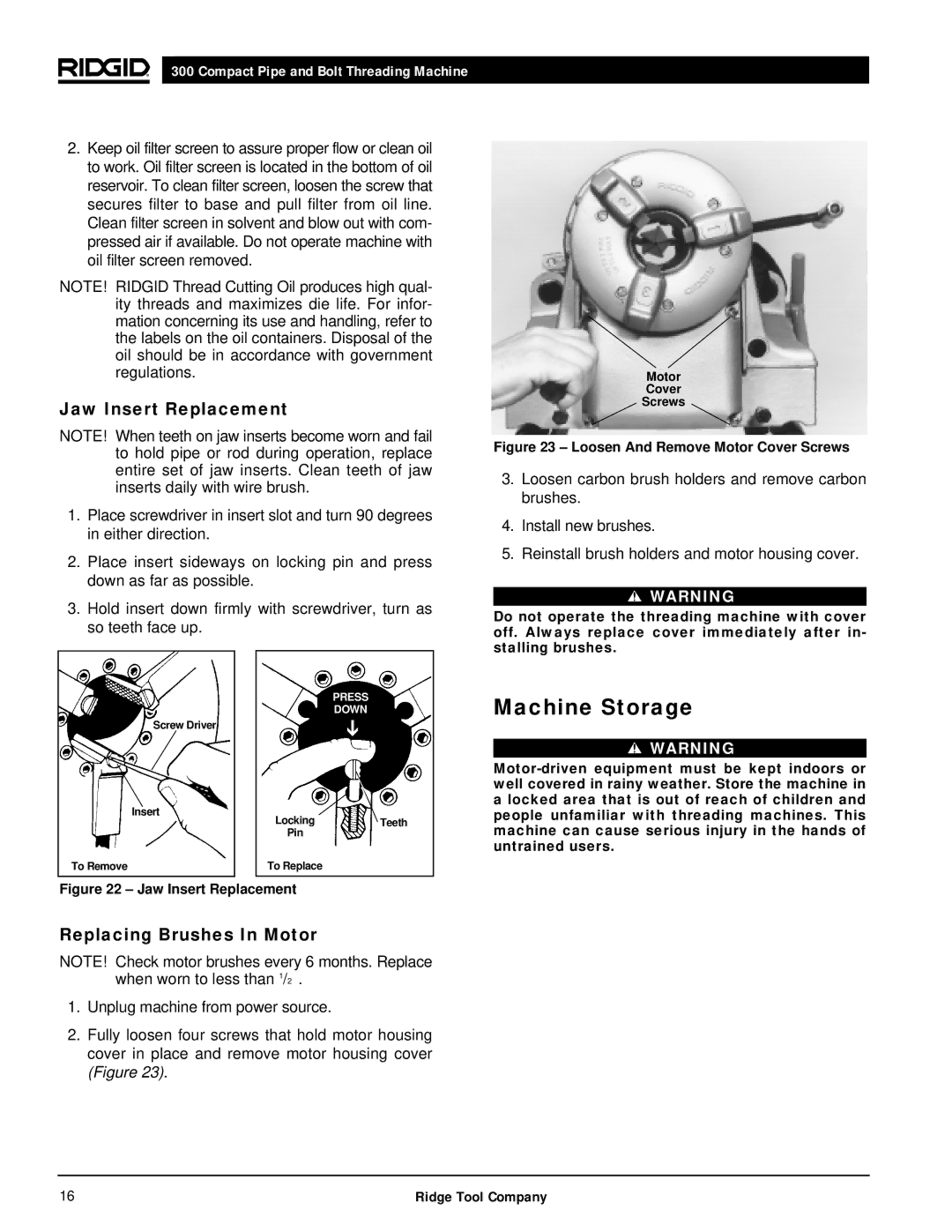 RIDGID 300 manual Machine Storage, Jaw Insert Replacement, Replacing Brushes In Motor, Motor Cover Screws 