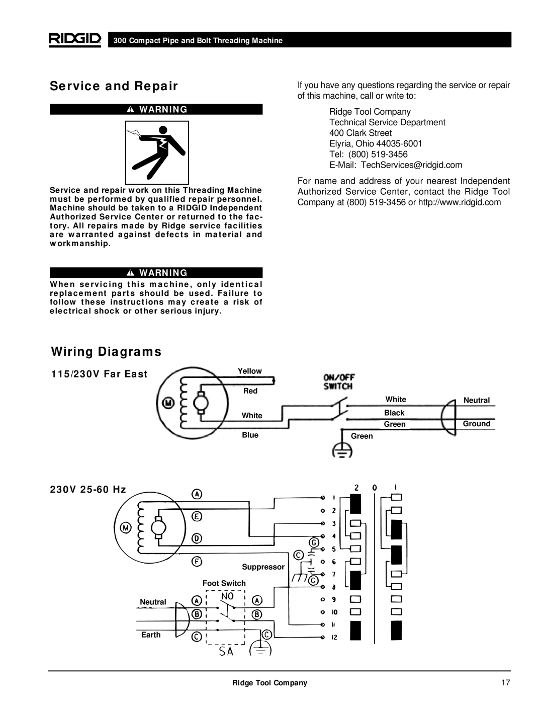 RIDGID 300 manual Service and Repair, Wiring Diagrams, 115/230V Far East, 230V 25-60 Hz 