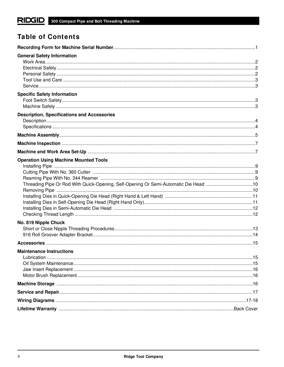 RIDGID 300 manual Table of Contents 