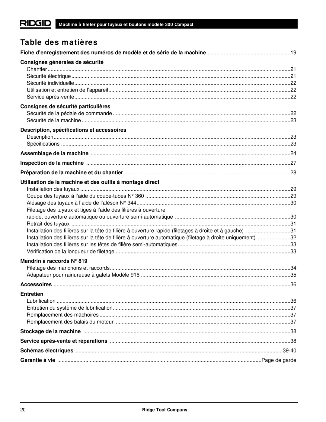 RIDGID 300 manual Table des matières 