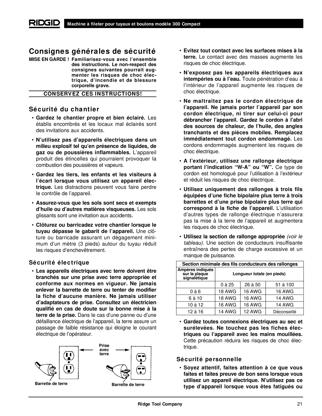 RIDGID 300 Consignes générales de sécurité, Sécurité électrique, Sécurité personnelle, Prise avec terre Barrette de terre 