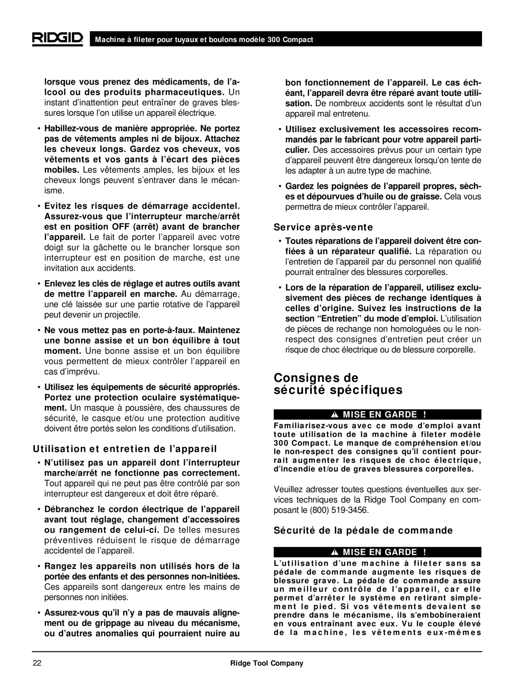 RIDGID 300 manual Consignes de sécurité spécifiques, Utilisation et entretien de l’appareil, Service après-vente 