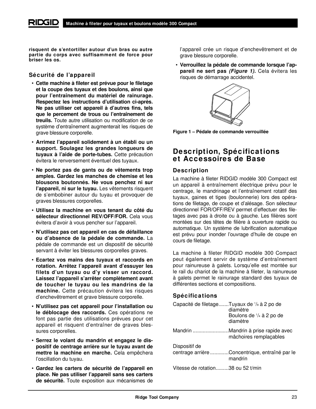 RIDGID 300 manual Description, Spécifications et Accessoires de Base, Sécurité de l’appareil 