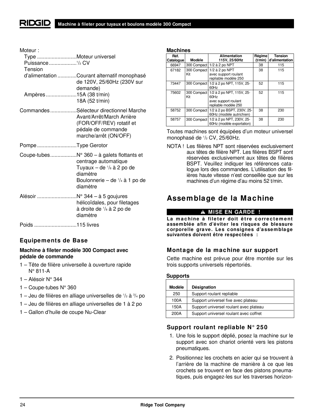 RIDGID 300 Assemblage de la Machine, Equipements de Base, Montage de la machine sur support, Support roulant repliable N 