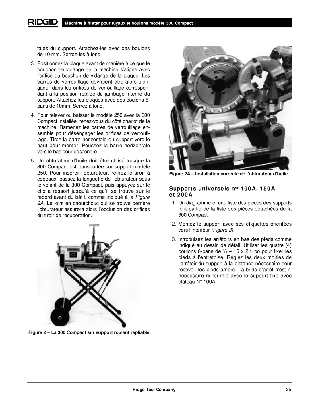 RIDGID 300 manual Supports universels nos 100A, 150A et 200A, Installation correcte de l’obturateur d’huile 