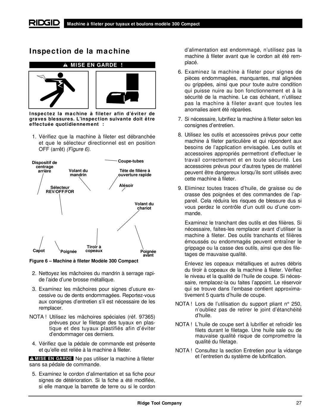 RIDGID 300 manual Inspection de la machine, Volant du, Chariot, Capot Poignée 