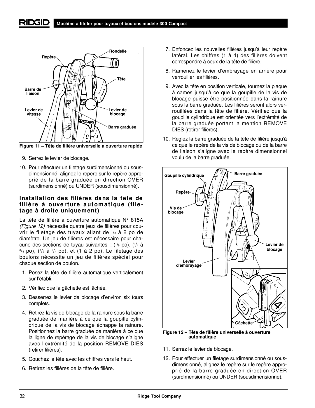 RIDGID 300 manual Rondelle Repère Tête Barre de Liaison, Levier de, Blocage, Goupille cylindrique 