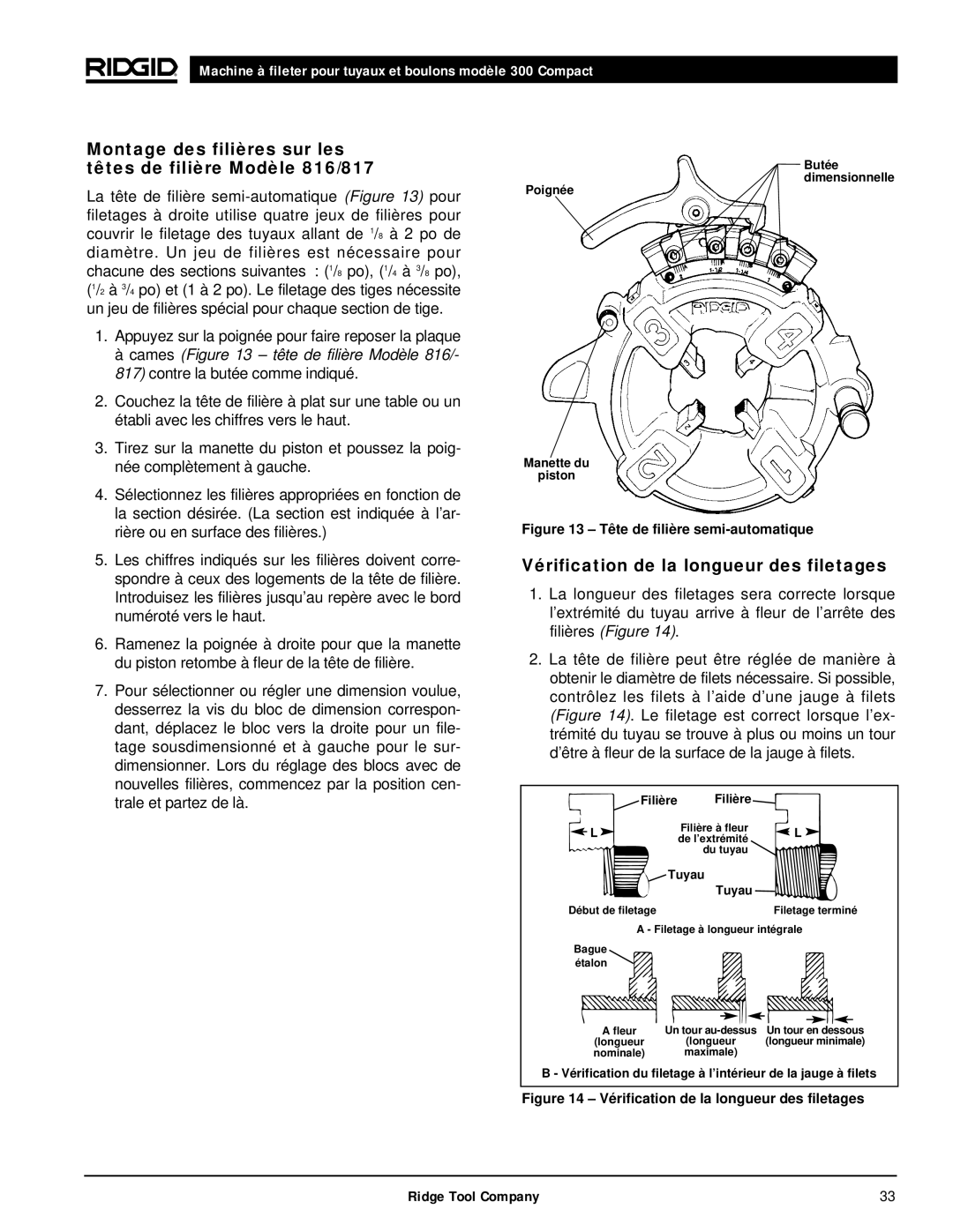 RIDGID 300 manual Vérification de la longueur des filetages, Née complètement à gauche, Butée, Filière, Tuyau 