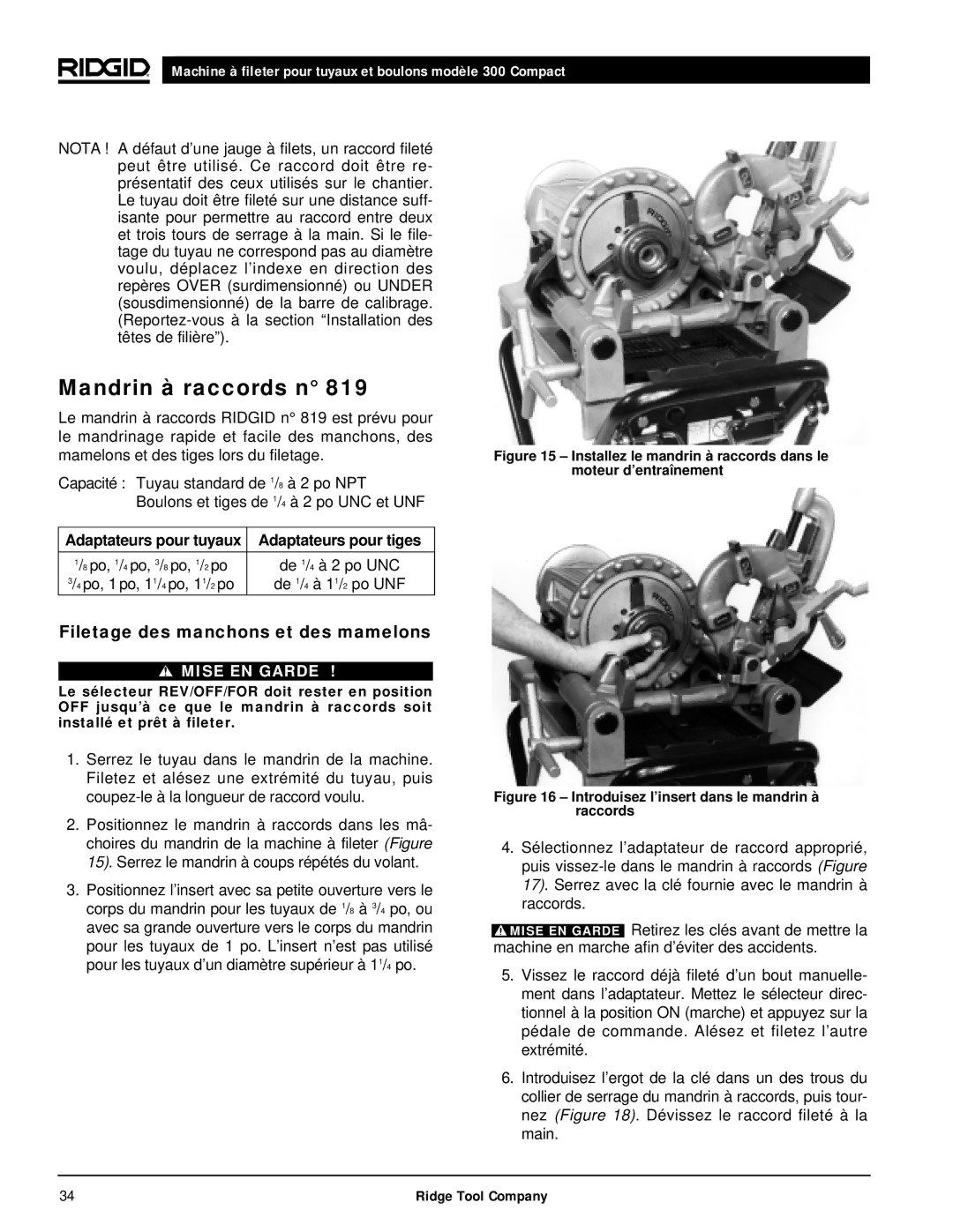 RIDGID 300 manual Mandrin à raccords n, Filetage des manchons et des mamelons, Adaptateurs pour tiges 