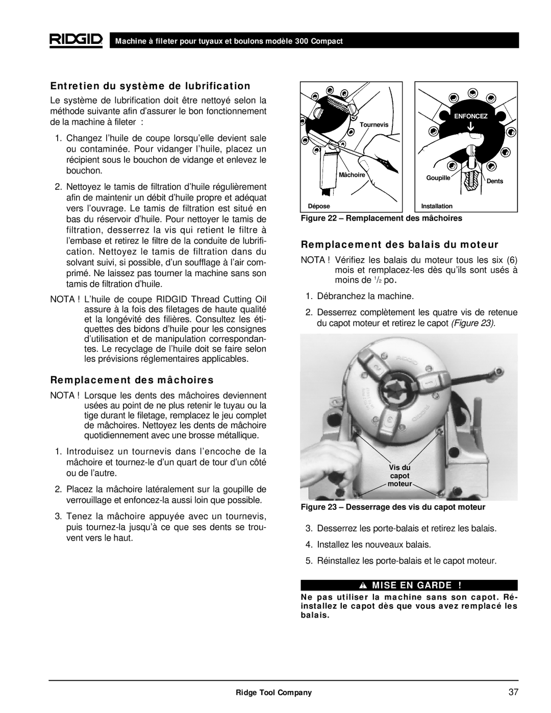 RIDGID 300 manual Entretien du système de lubrification, Remplacement des balais du moteur, Remplacement des mâchoires 