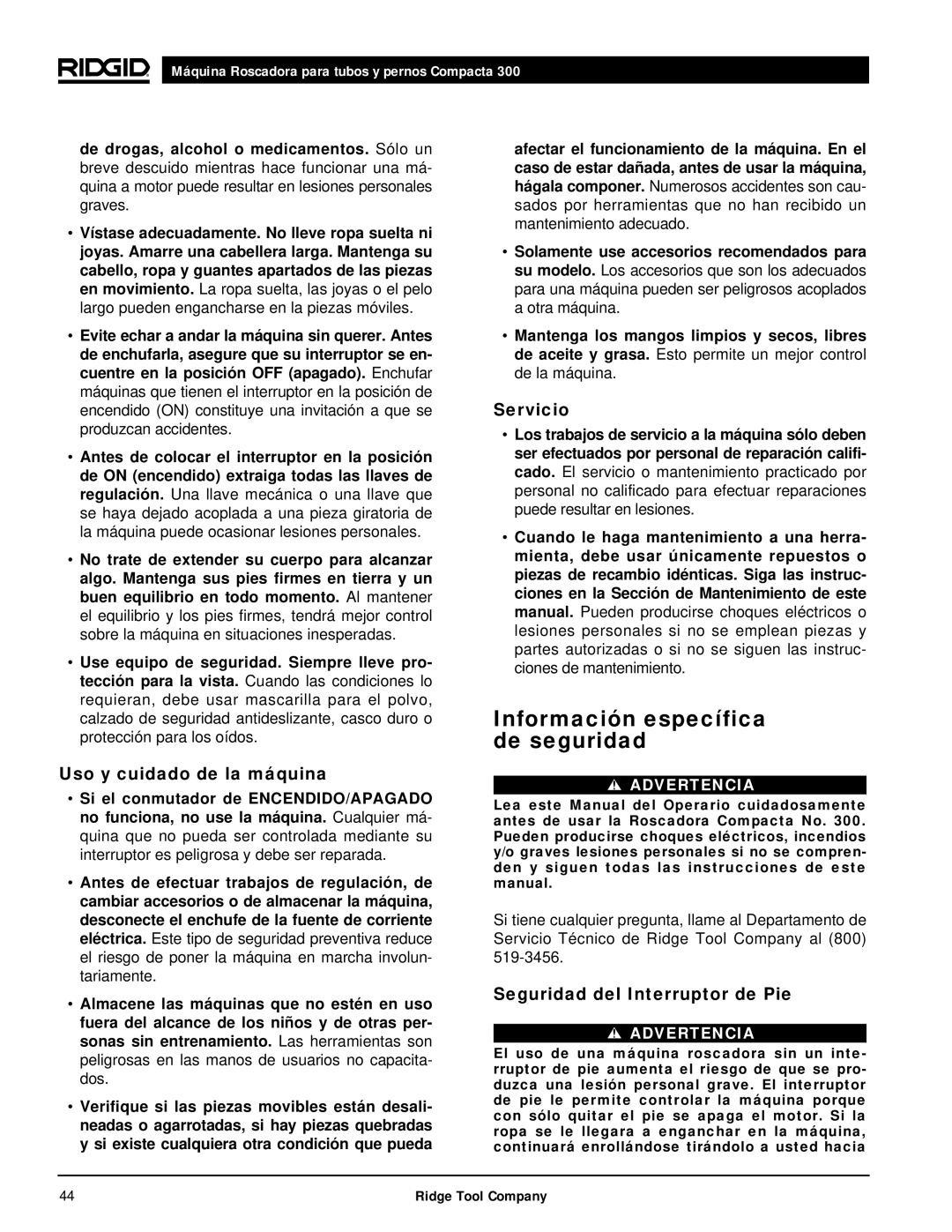 RIDGID 300 Información específica de seguridad, Uso y cuidado de la máquina, Servicio, Seguridad del Interruptor de Pie 