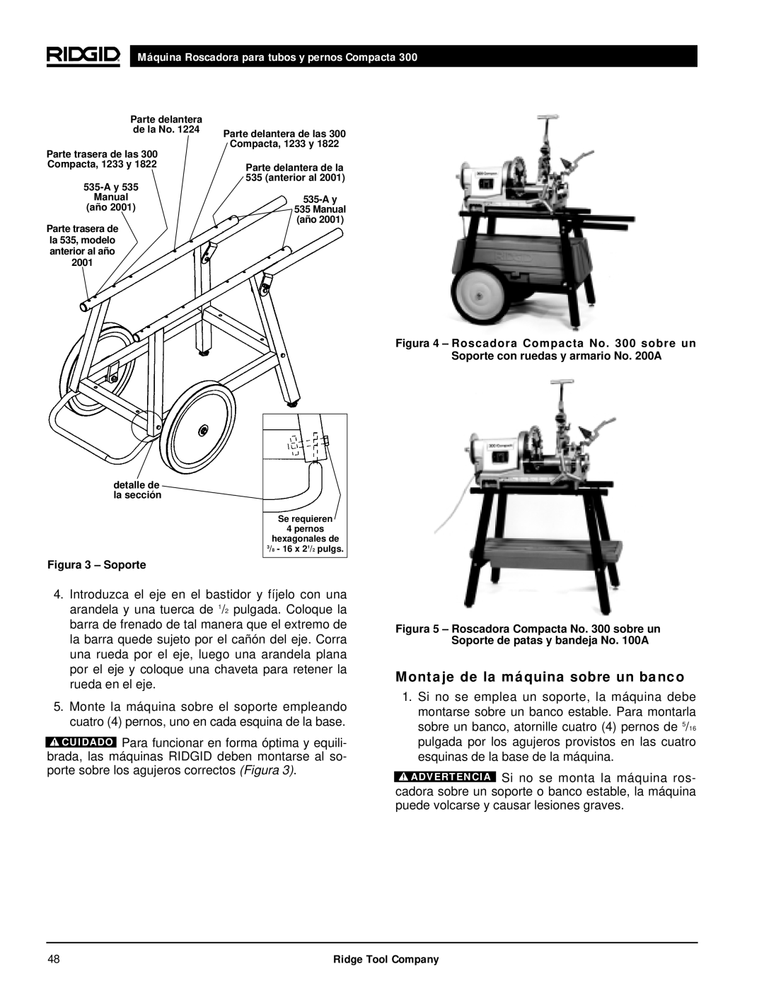 RIDGID 300 manual Montaje de la máquina sobre un banco, Parte trasera de las, Compacta, 1233 y, Detalle de la sección 