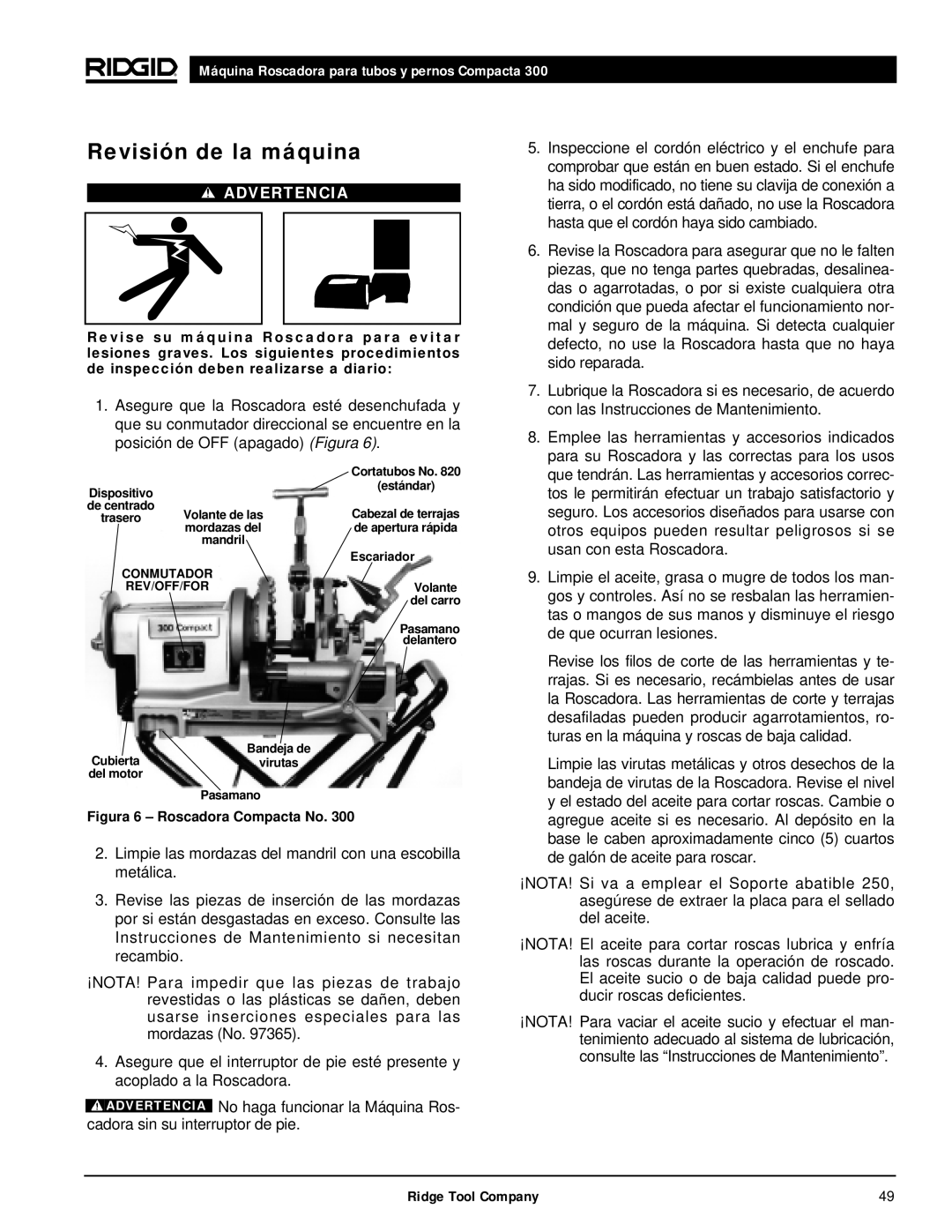 RIDGID 300 manual Revisión de la máquina 