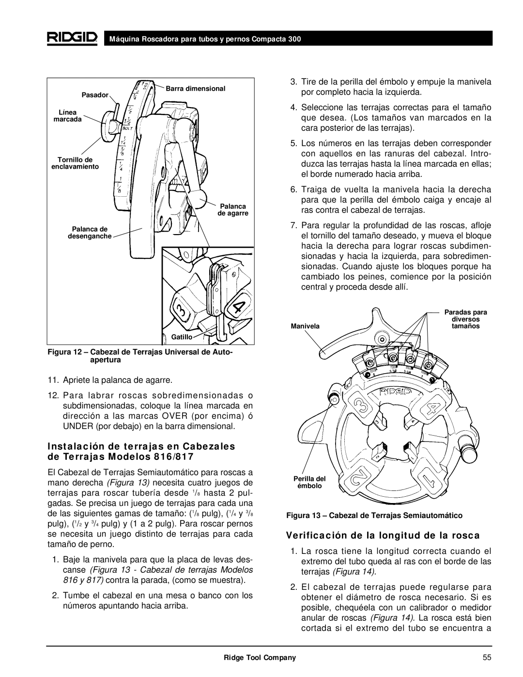 RIDGID 300 manual Verificación de la longitud de la rosca, Manivela, Perilla del émbolo 