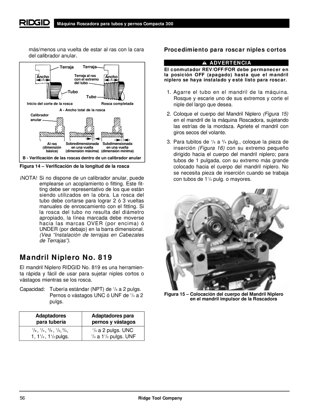 RIDGID 300 manual Mandril Niplero No, Procedimiento para roscar niples cortos 