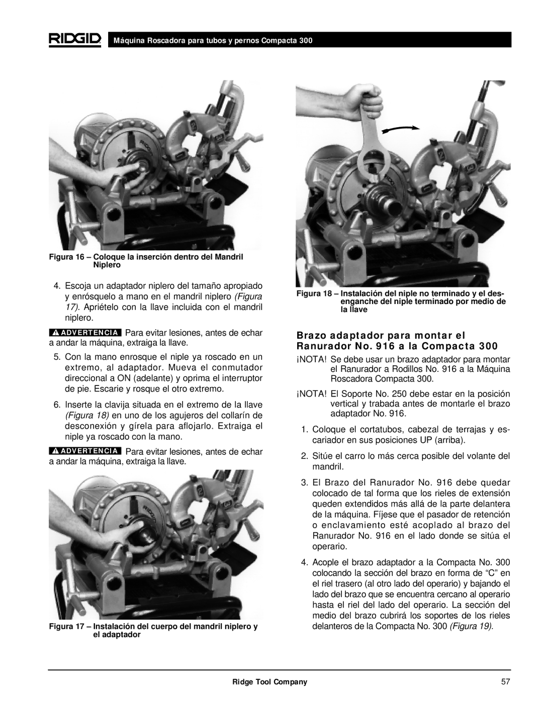 RIDGID 300 manual Brazo adaptador para montar el Ranurador No a la Compacta 