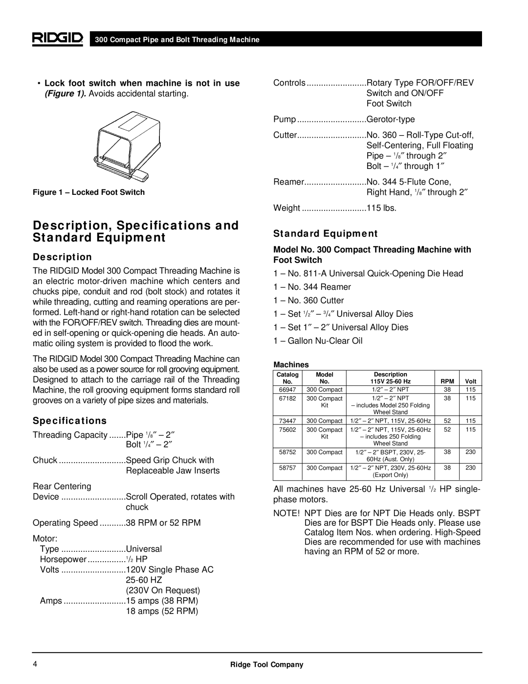 RIDGID 300 manual Description, Specifications and Standard Equipment, Model No Compact Threading Machine with Foot Switch 