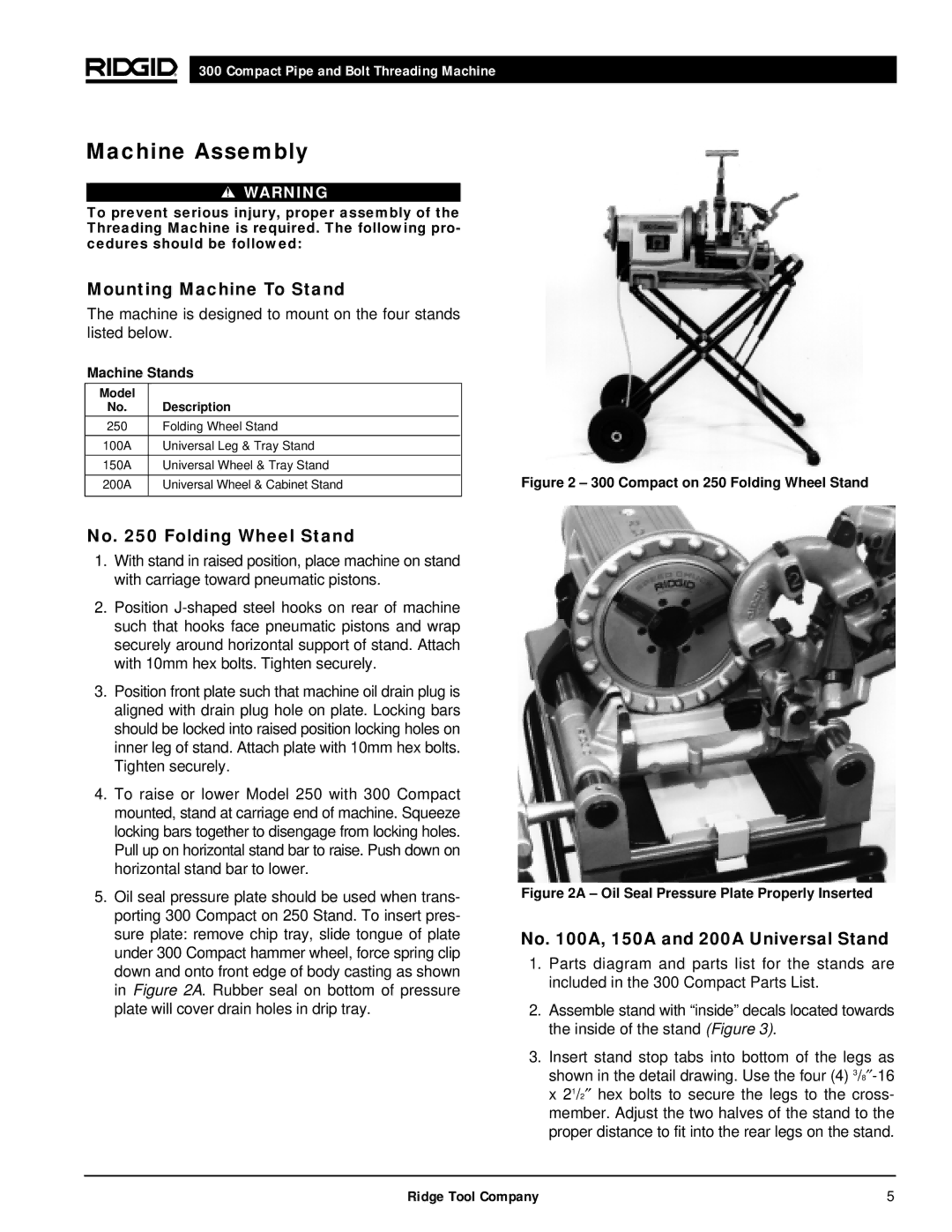 RIDGID 300 manual Machine Assembly, Mounting Machine To Stand, No Folding Wheel Stand, No A, 150A and 200A Universal Stand 