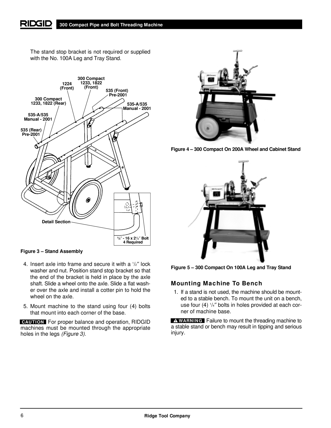 RIDGID 300 manual Mounting Machine To Bench, Stand Assembly 