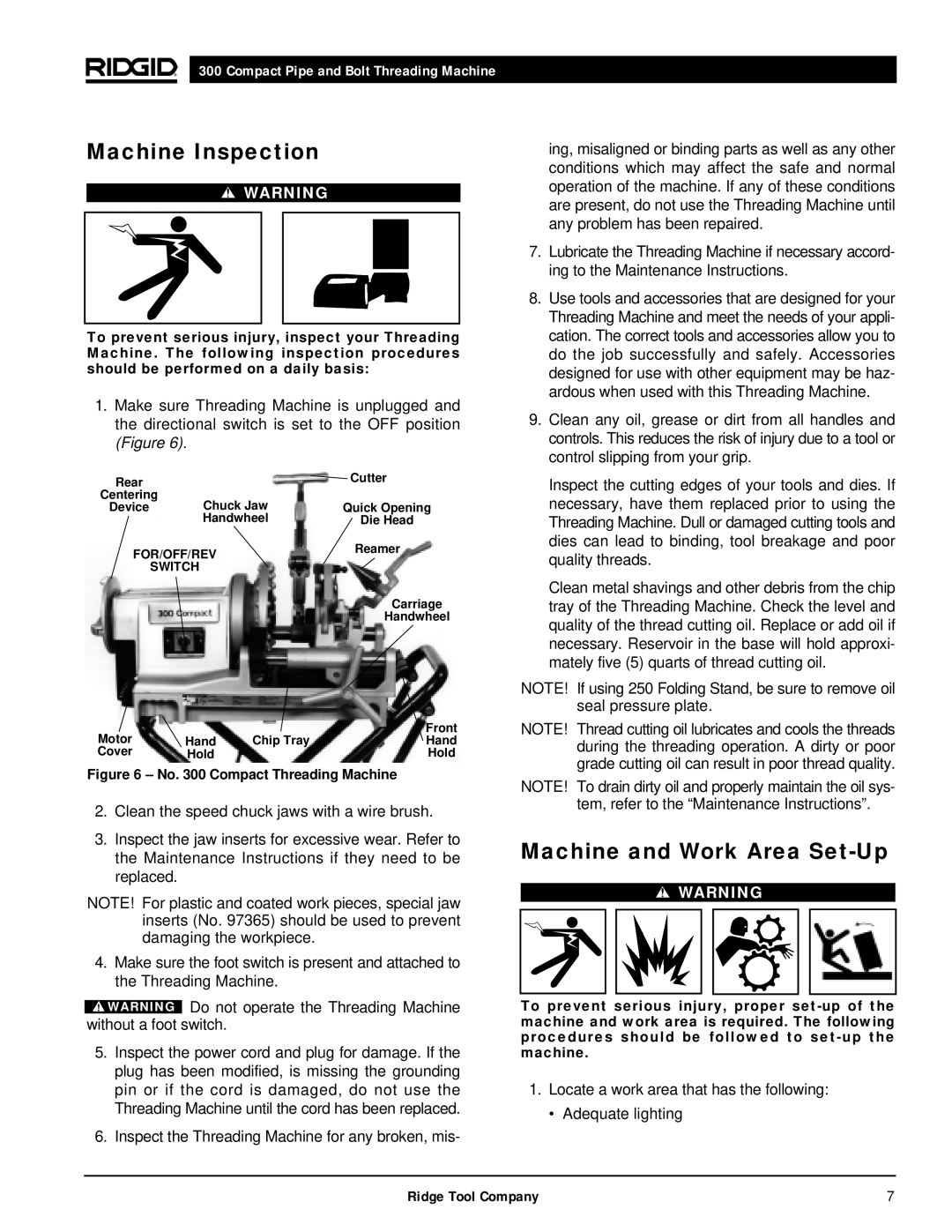 RIDGID 300 manual Machine Inspection, Machine and Work Area Set-Up 