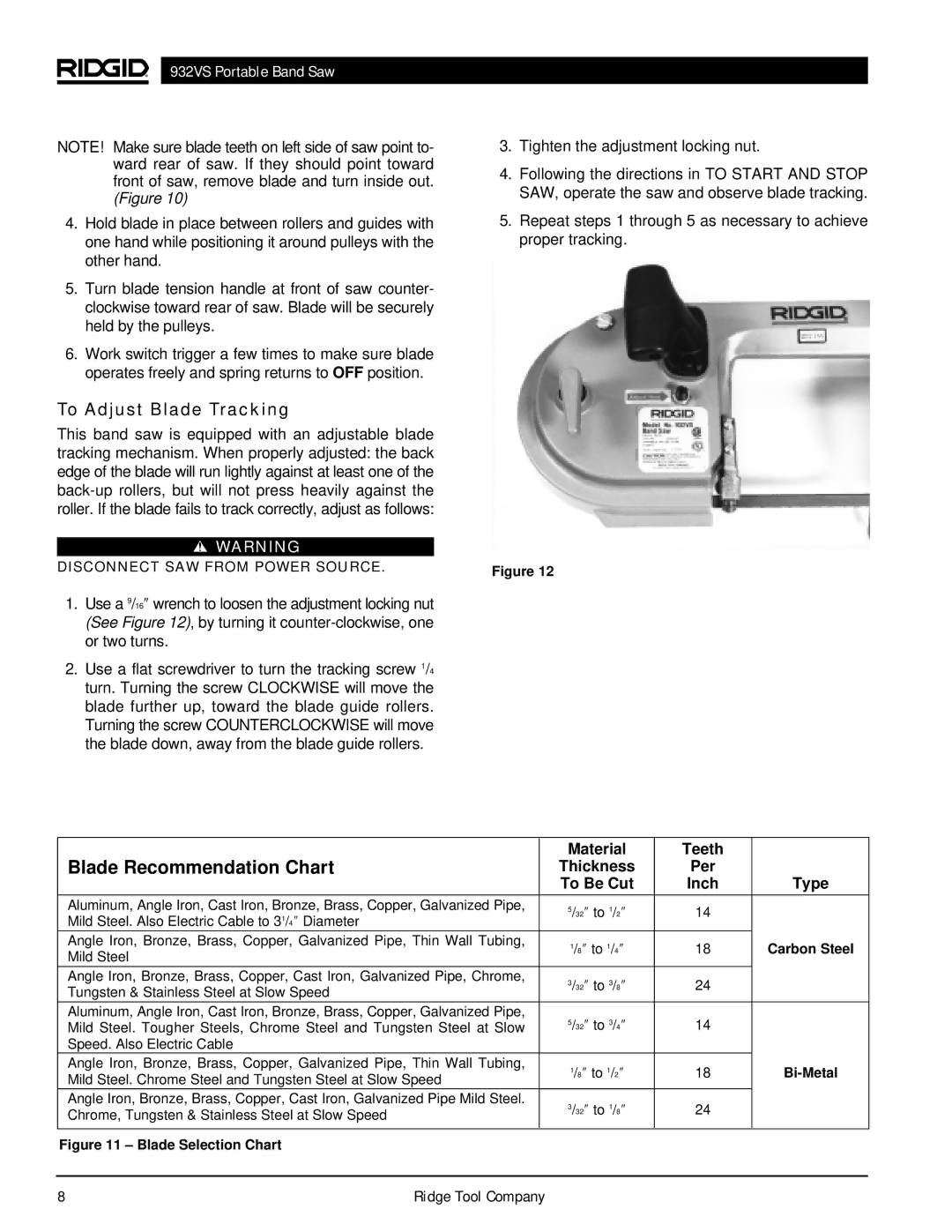 RIDGID 932VS manual Blade Recommendation Chart, To Adjust Blade Tracking, Material Teeth Thickness, To Be Cut Inch Type 