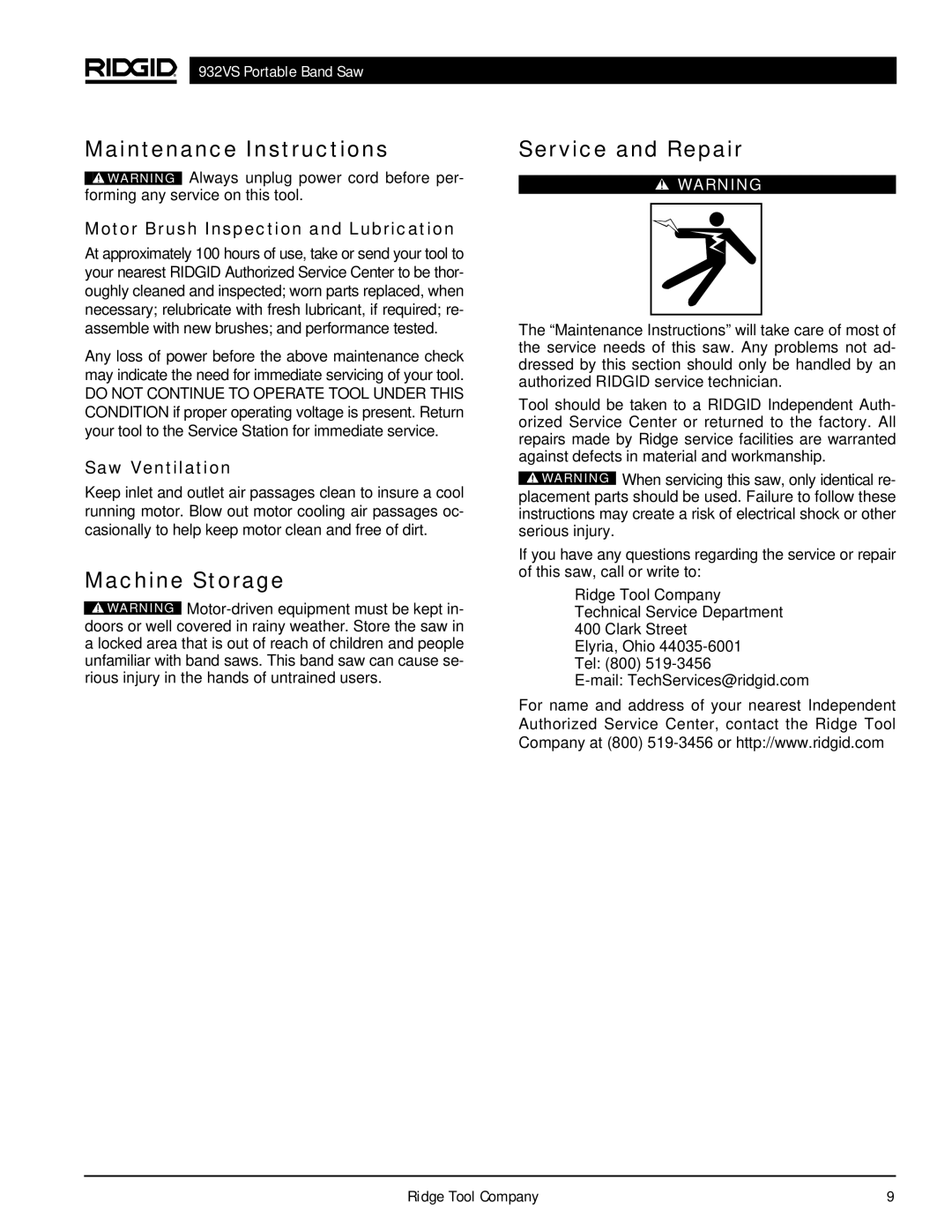 RIDGID 932VS manual Maintenance Instructions, Machine Storage Service and Repair, Motor Brush Inspection and Lubrication 