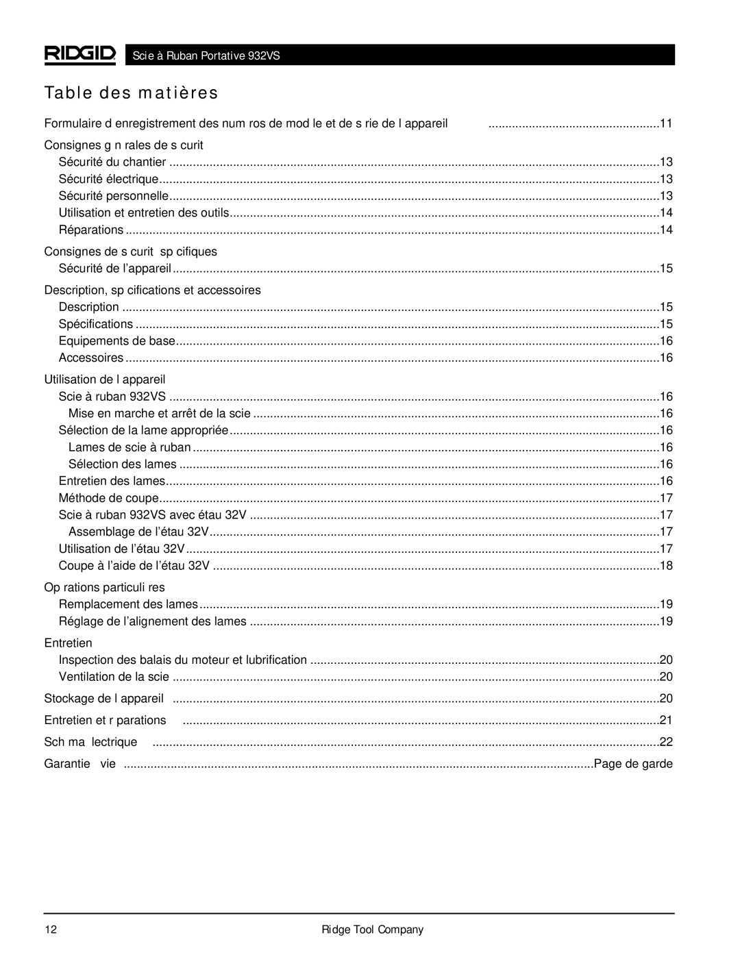 RIDGID 932VS manual Table des matières 
