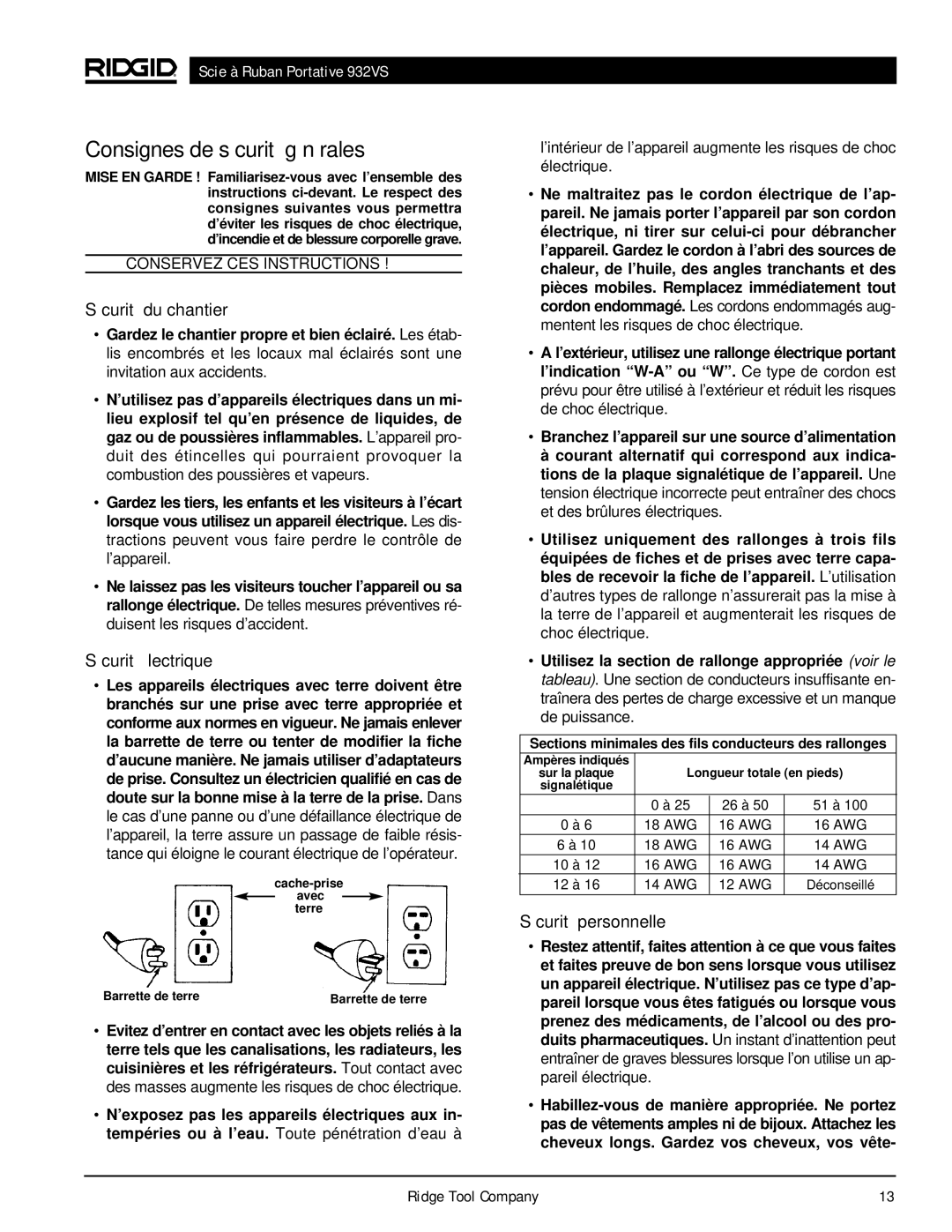 RIDGID 932VS manual Consignes de sécurité générales, Sécurité du chantier, Sécurité électrique, Sécurité personnelle 