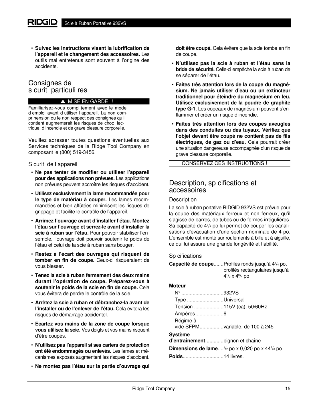 RIDGID 932VS manual Consignes de sécurité particulières, Description, spécifications et accessoires, Sécurité de l’appareil 