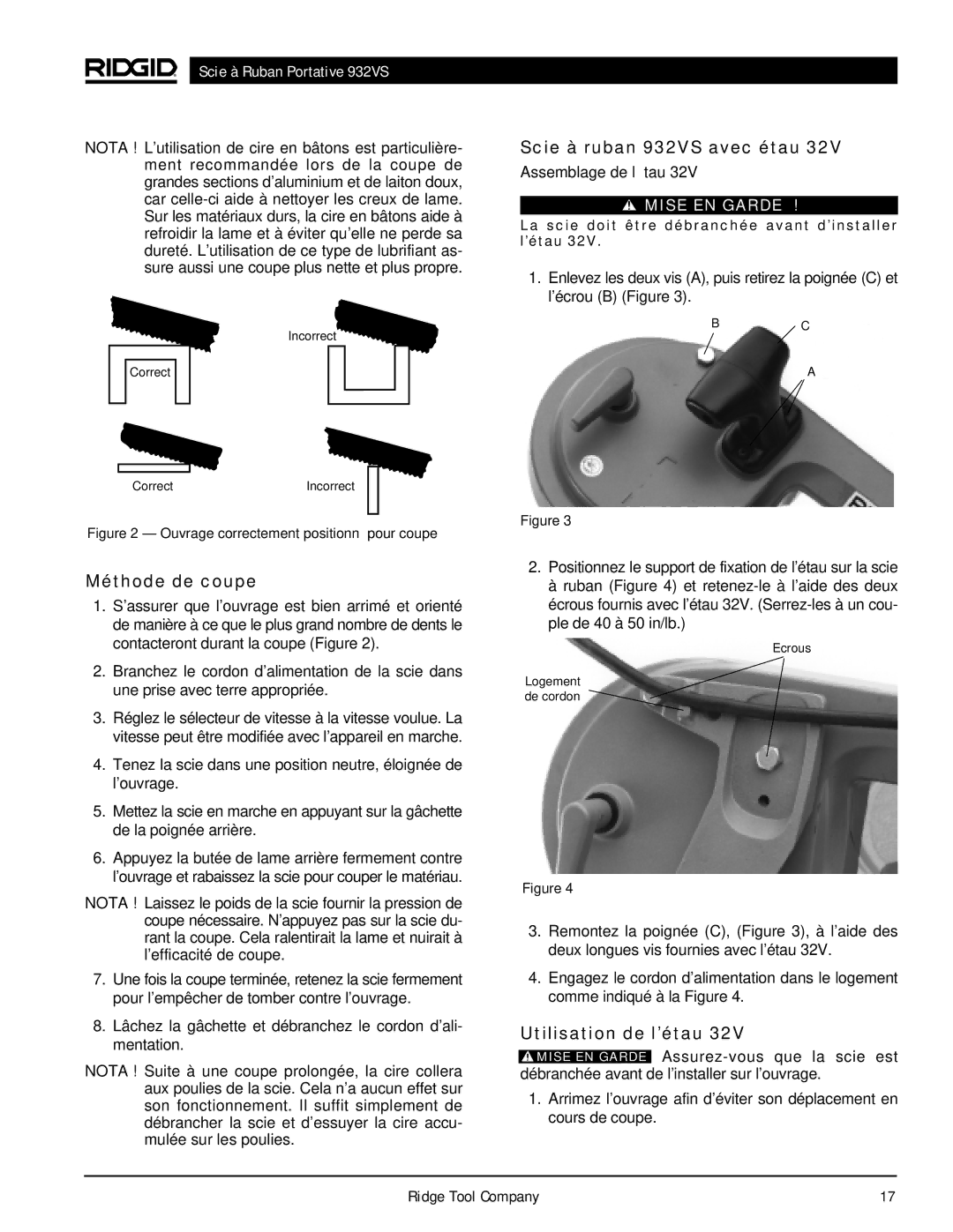 RIDGID manual Méthode de coupe, Scie à ruban 932VS avec étau, Utilisation de l’étau, Assemblage de l’étau 