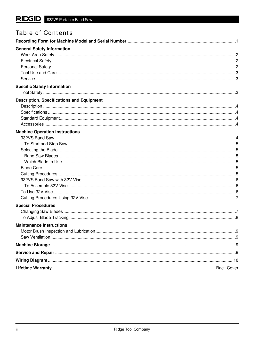 RIDGID 932VS manual Table of Contents 