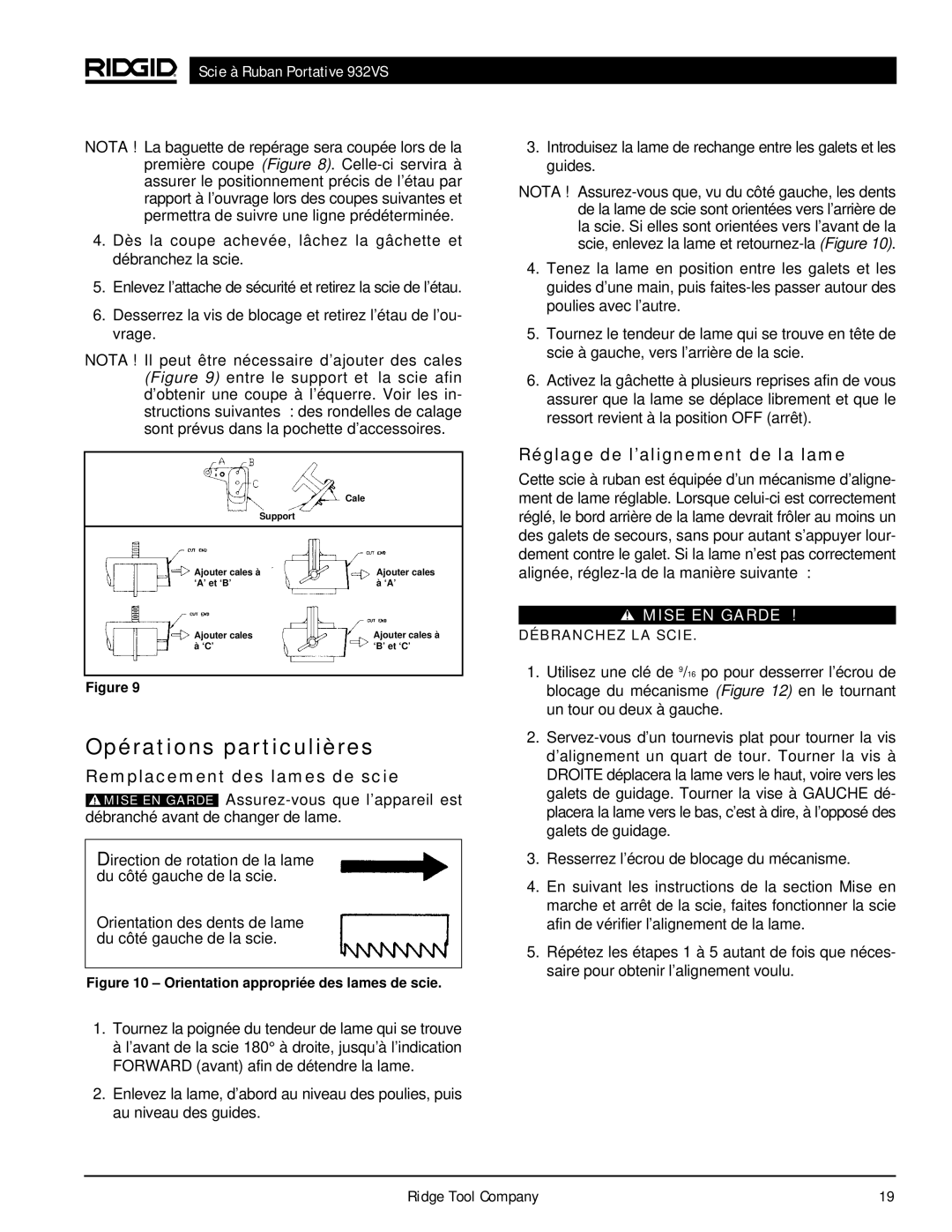 RIDGID 932VS manual Opérations particulières, Remplacement des lames de scie, Réglage de l’alignement de la lame 