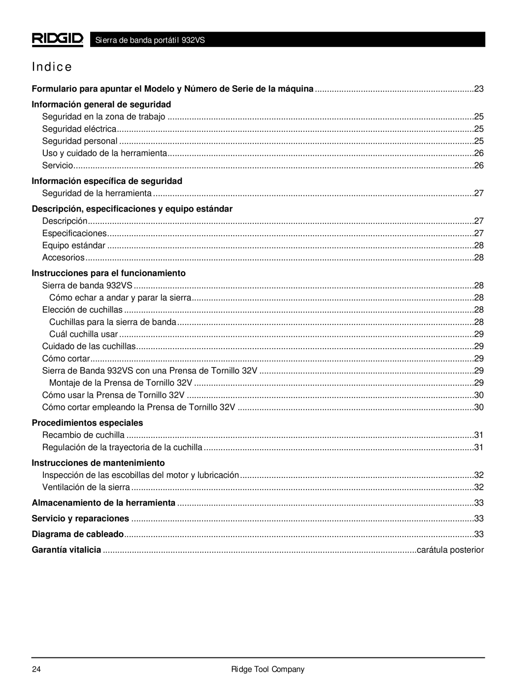RIDGID 932VS manual Indice 