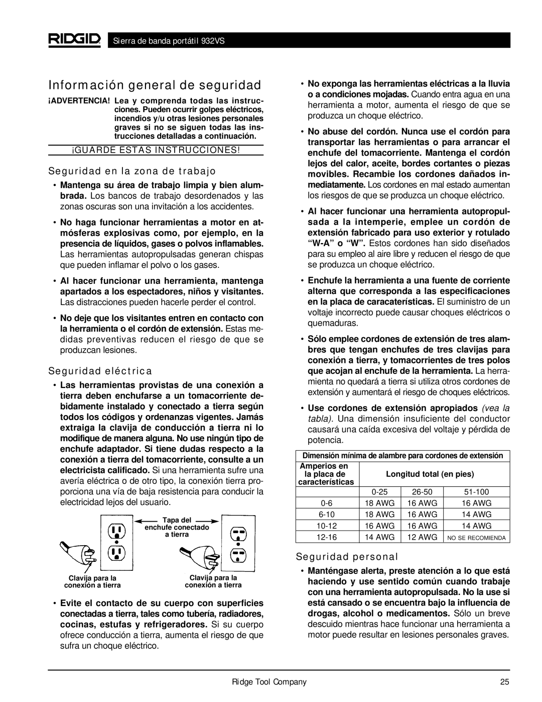 RIDGID 932VS Información general de seguridad, Seguridad en la zona de trabajo, Seguridad eléctrica, Seguridad personal 