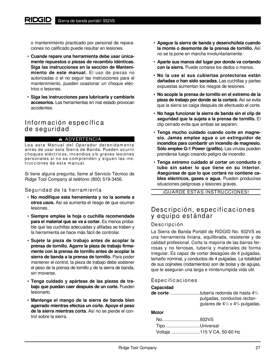 RIDGID 932VS manual Información específica de seguridad, Descripción, especificaciones y equipo estándar, Especificaciones 