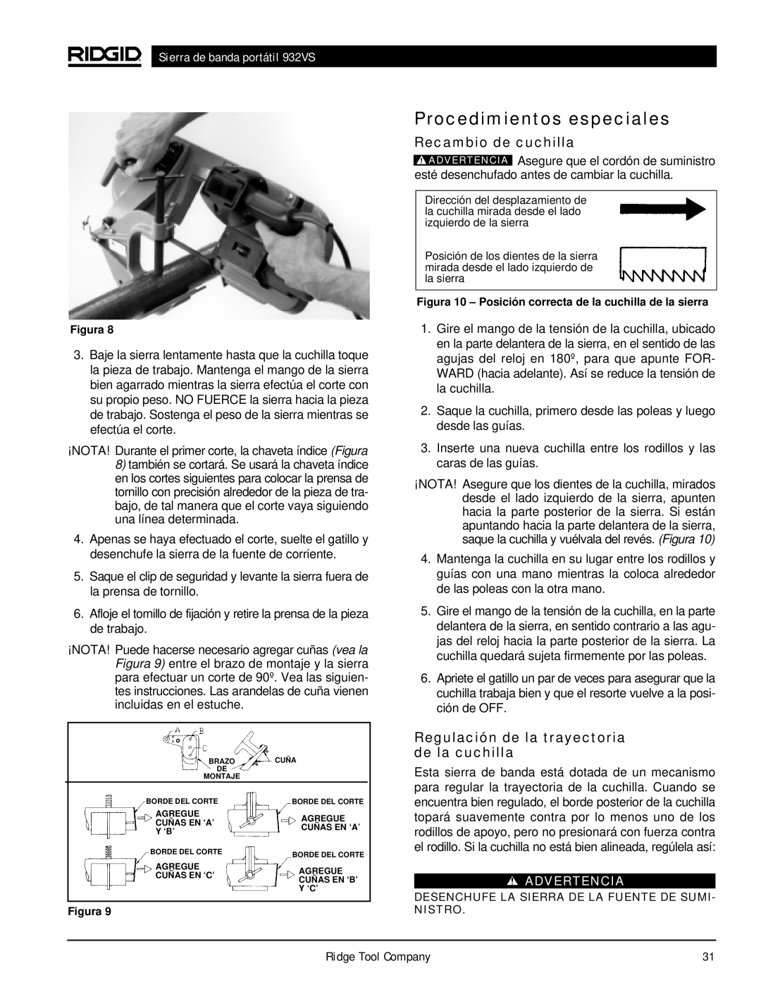 RIDGID 932VS manual Procedimientos especiales, Recambio de cuchilla, Regulación de la trayectoria de la cuchilla 