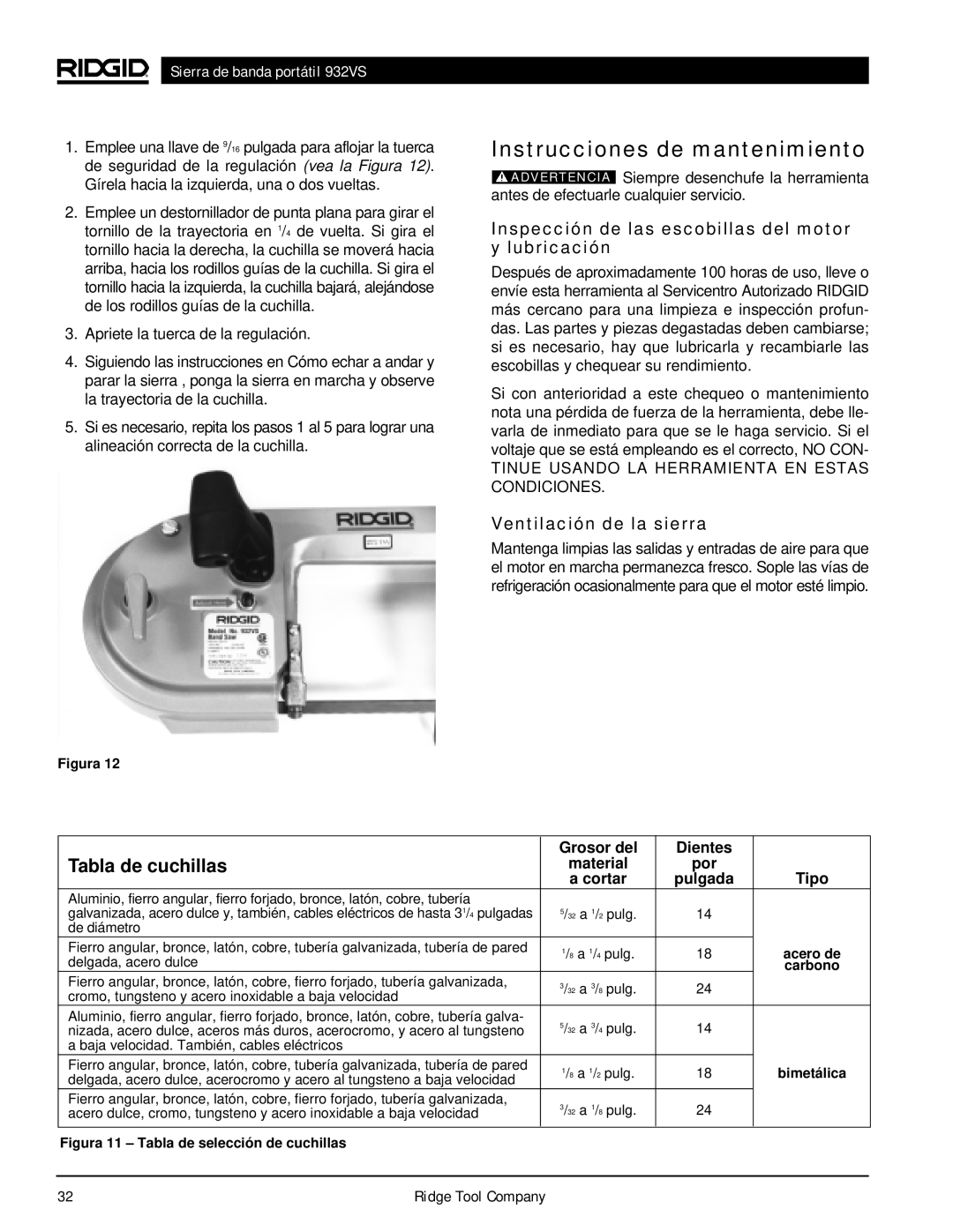 RIDGID 932VS Instrucciones de mantenimiento, Tabla de cuchillas, Inspección de las escobillas del motor y lubricación 