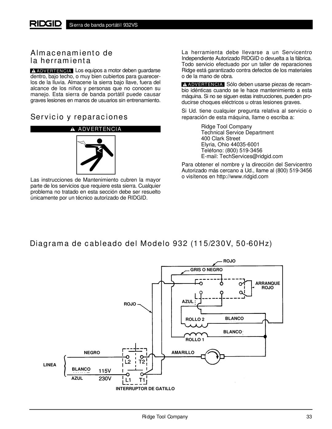 RIDGID 932VS manual Almacenamiento de la herramienta, Servicio y reparaciones 