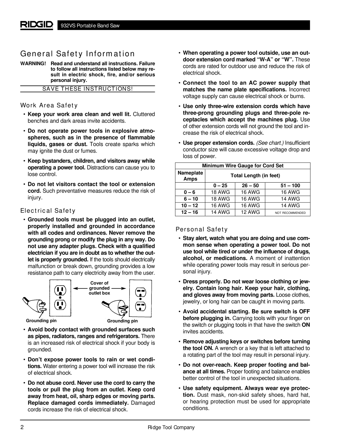 RIDGID 932VS manual General Safety Information, Work Area Safety, Electrical Safety, Personal Safety 