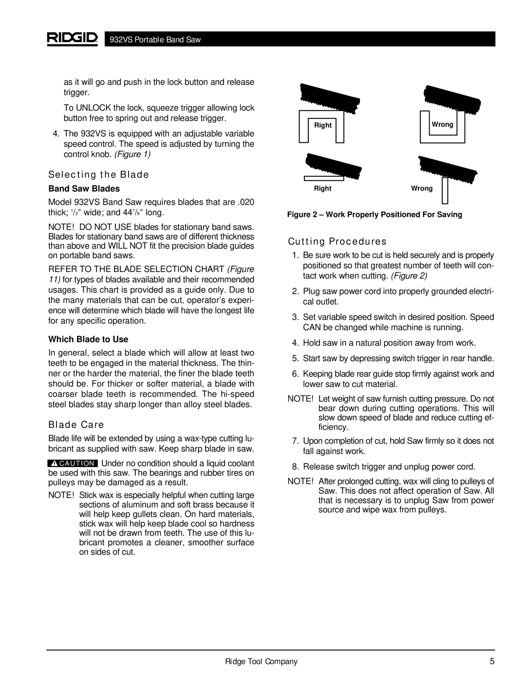 RIDGID 932VS manual Selecting the Blade, Blade Care, Cutting Procedures, Band Saw Blades, Which Blade to Use 