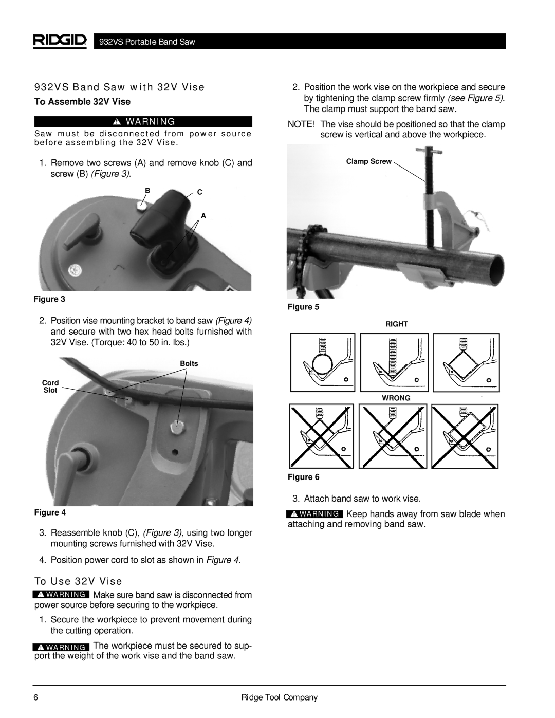 RIDGID manual 932VS Band Saw with 32V Vise, To Use 32V Vise, To Assemble 32V Vise 