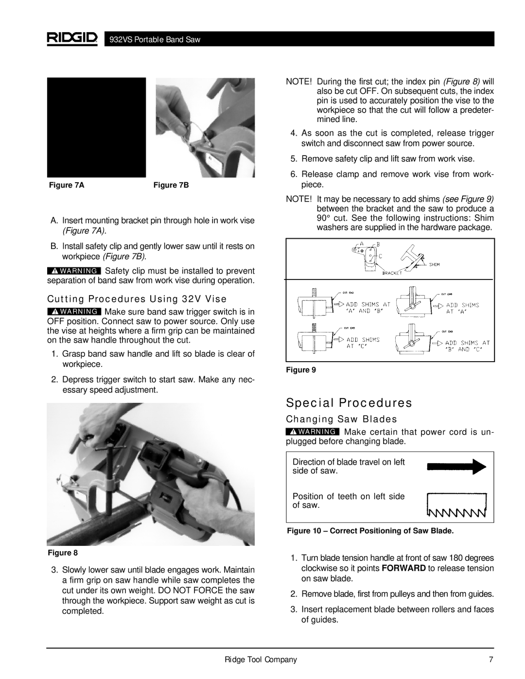 RIDGID 932VS manual Special Procedures, Cutting Procedures Using 32V Vise, Changing Saw Blades 