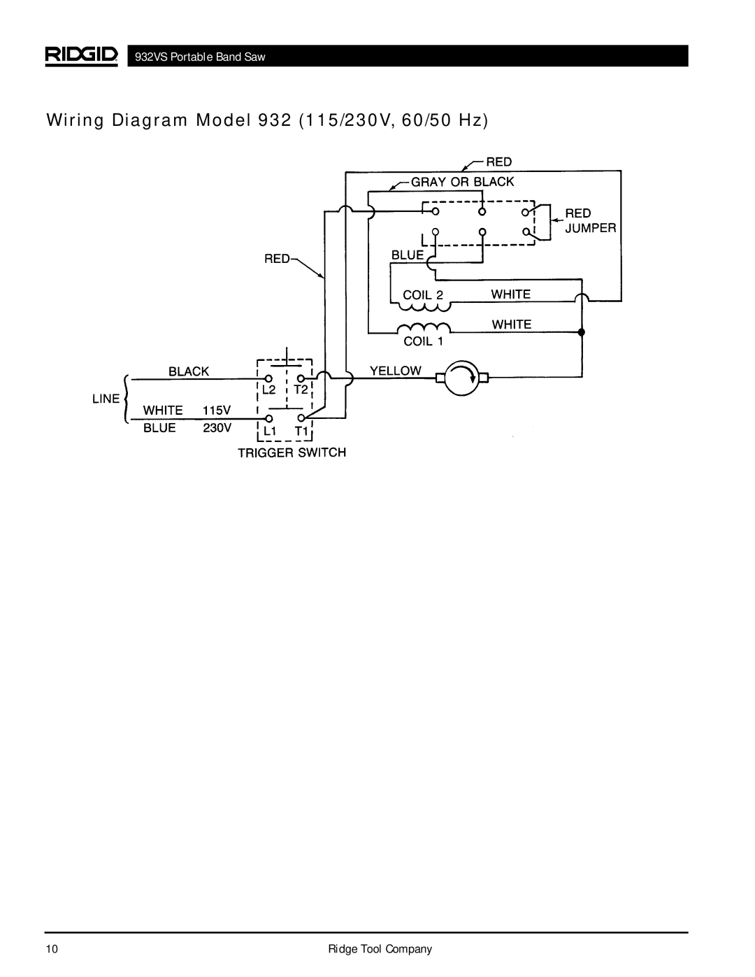 RIDGID manual Wiring Diagram Model 932 115/230V, 60/50 Hz, 932VS Portable Band Saw, Ridge Tool Company 