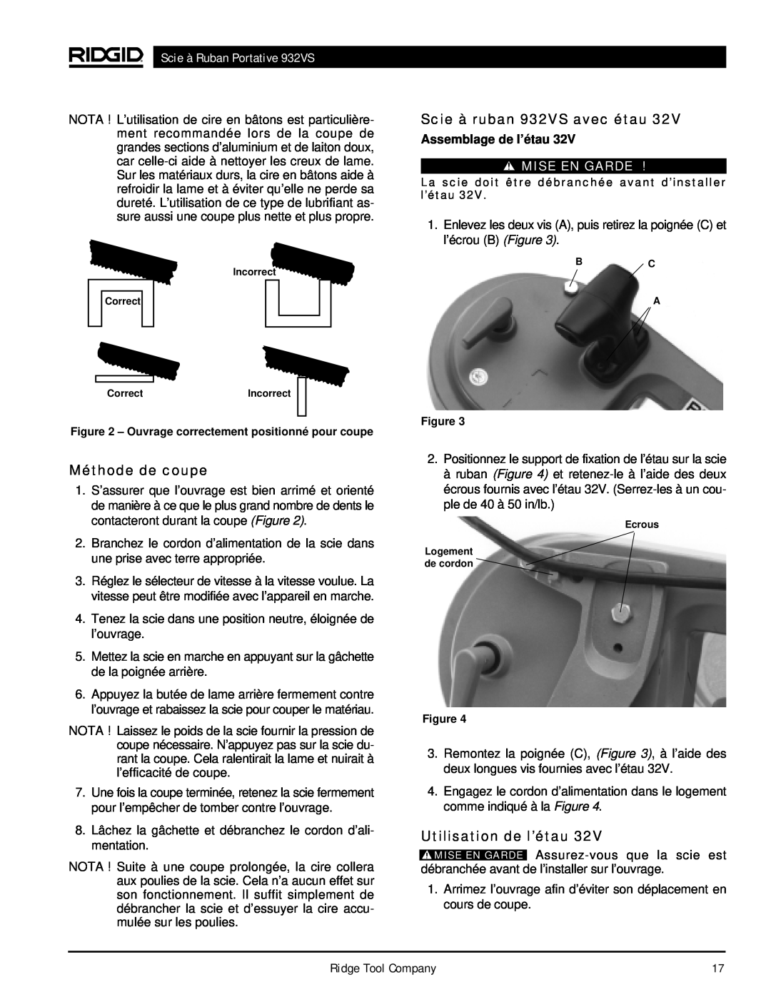 RIDGID manual Méthode de coupe, Scie à ruban 932VS avec étau, Utilisation de l’étau, Scie à Ruban Portative 932VS 