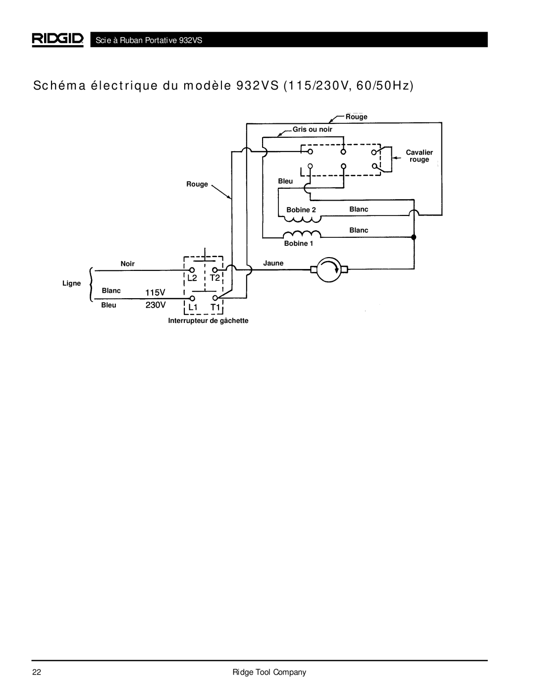 RIDGID Schéma électrique du modèle 932VS 115/230V, 60/50Hz, Scie à Ruban Portative 932VS, Blanc Bobine, Noir 