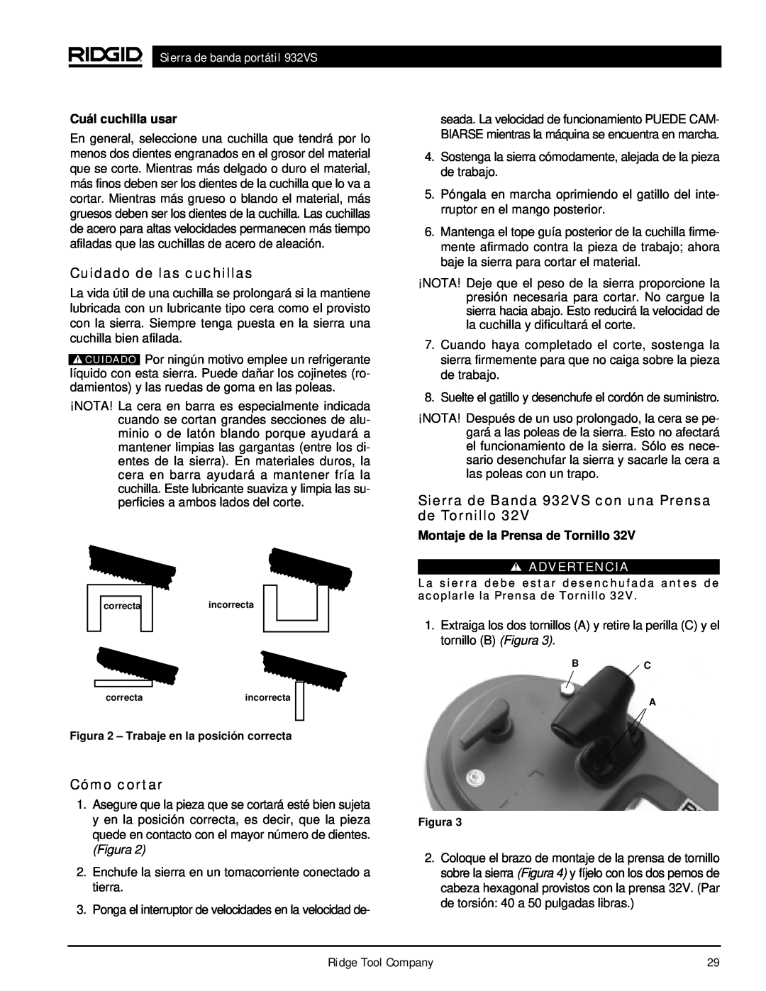 RIDGID manual Cuidado de las cuchillas, Cómo cortar, Sierra de Banda 932VS con una Prensa de Tornillo, Advertencia 